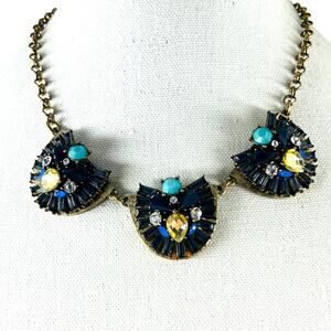 J. Crew Crystal Dome Trio Statement Bib Necklace Blue Yellow Rhinestone Chunky